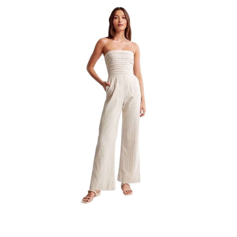 Abercrombie & Fitch Emerson Linen Blend Strapless Jumpsuit Beige Size LP Petite